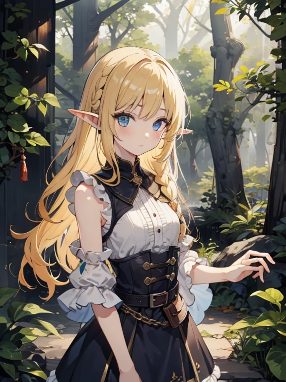 masterpiece, highest quality, Very detailed, 16k, Ultra-high resolution、Cowboy Shot, 1 Elf girl, Detailed face、Perfect Fingers, Elf Ears, Small breasts, blue eyes, Blonde, Braid, Sleeveless, Light clothing, in the forest, During a walk