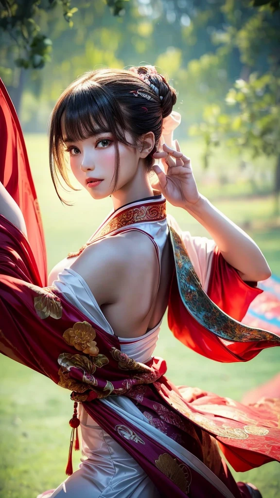 A girl wearing traditional Chinese Hanfu, striking a sexy pose, and dancing.
(best quality, ultra-detailed, highres, masterpiece:1.2), portraits, vivid colors, studio lighting, flowing fabric, ornate embroidery, elegant hairstyle, delicate makeup, graceful movements, joyful expression, vibrant background, soft lighting, warm color palette