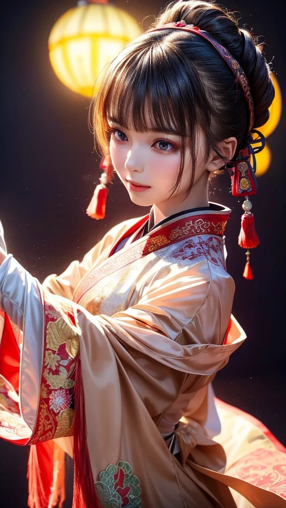 A girl wearing traditional Chinese Hanfu, striking a sexy pose, and dancing.
(best quality, ultra-detailed, highres, masterpiece:1.2), portraits, vivid colors, studio lighting, flowing fabric, ornate embroidery, elegant hairstyle, delicate makeup, graceful movements, joyful expression, vibrant background, soft lighting, warm color palette