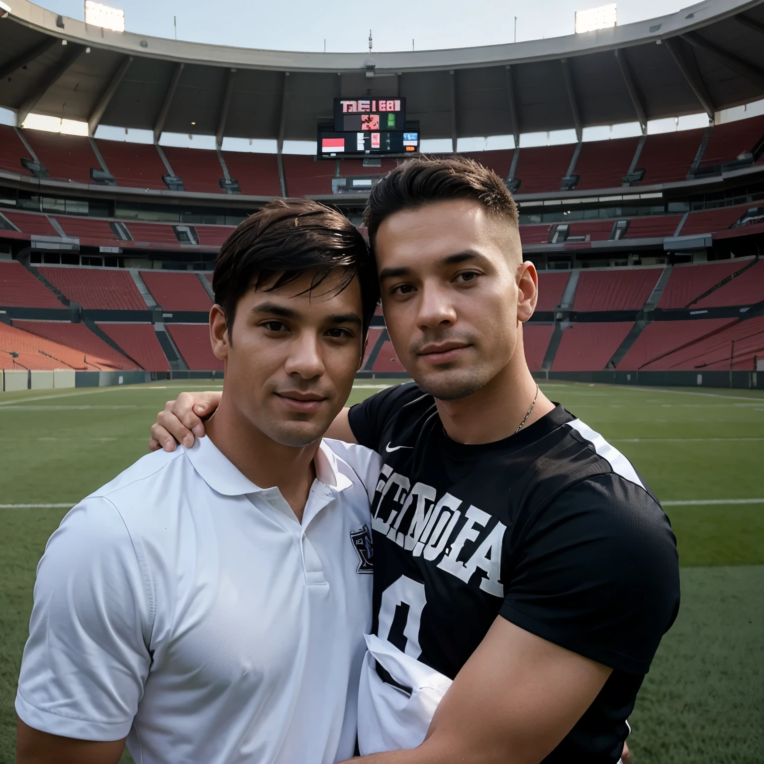 photo of father and son at a football stadium, father is 30 years old while son is 1