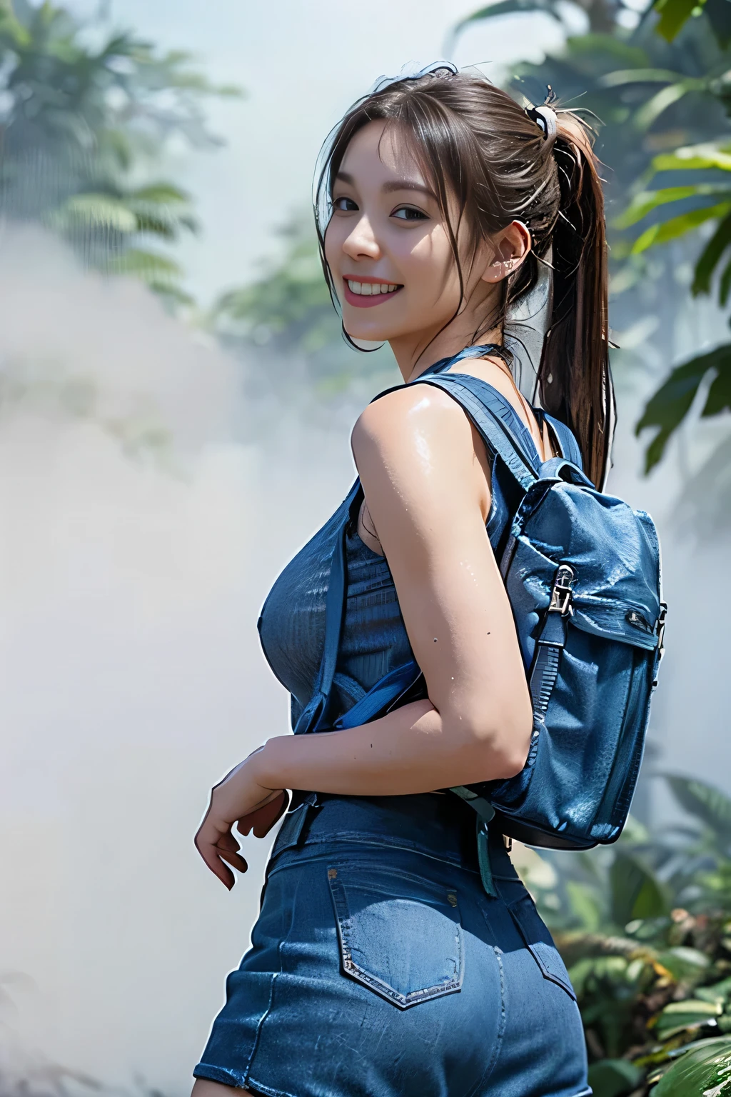 (8k,RAW Photos、RAW Photos、highest quality、Masterpiece:1.2)、1girl、1Middle-aged men、Very detailed、Super Resolution、((Misty jungle:1.4))、((In the thick fog:1.4))、(Photorealistic:1.3)、((Cowboy Shot:1.4))、((Shot from behind:1.49))、Clear depiction of light and shadow、High-resolution RAW color photos、Professional photos、(((natural Park:1.4)))、Draw faithfully to anatomy、Very detailed and beautiful、super high quality、((Woman with twin tails:1.4))、((Carrying a backpack:1.4))、((Dark blue tank top shirt:1.4))、((In the rainforest:1.4))、((Denim skirt that highlights your thighs:1.4))、Upper Body、((smile:1.4))、Adhesive plaster on the knee:1.7、