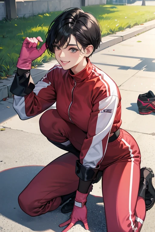 A short-haired, black-haired, muscular mature woman wearing a red long-sleeved, long-pants gym uniform, pink long gloves and white rubber boots, picking up trash in the schoolyard while smiling gently