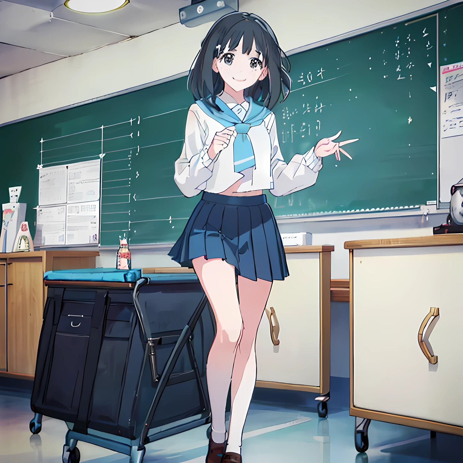 highest quality, (masterpiece:1.2), Very detailed, A neat and cute pretty girl, (((Black medium bob hair))), ((Light blue student sailor uniform)), ((Light blue pleated skirt)), (((The background is a school classroom))), (((Very beautifully detailed, lovely black eyes))), (((Smiling happily))), (((Watching the audience))), ((Photographed from the chest up)), ((Mouth closed))