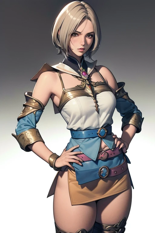 Cowboy Shot,(Golden Ratio,Tabletop, highest quality, highest quality, Official Art, beautifully、aesthetic:1.2), Very detailed, colorful,Best details,An illustration, Fantastic scene, (adult,19 years old,One Girl, alone, Final Fantasy 12,Asheria, short hair, short hair,Asheria Costume, huge , mini skirt,Knee socks, Thighs Thighs Thighs Thighs, gem, Blue Belt,One number on the belt),Course of action, Contemptuous look , Hands on hips