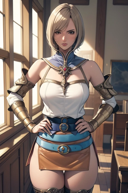 Cowboy Shot,(Golden Ratio,Tabletop, highest quality, highest quality, Official Art, beautifully、aesthetic:1.2), Very detailed, colorful,Best details,An illustration, Fantastic scene, (adult,19 years old,One Girl, alone, Final Fantasy 12,Asheria, short hair, short hair,Asheria Costume, huge , mini skirt,Knee socks, Thighs Thighs Thighs Thighs, gem, Blue Belt,One number on the belt),Course of action, Contemptuous look , Hands on hips