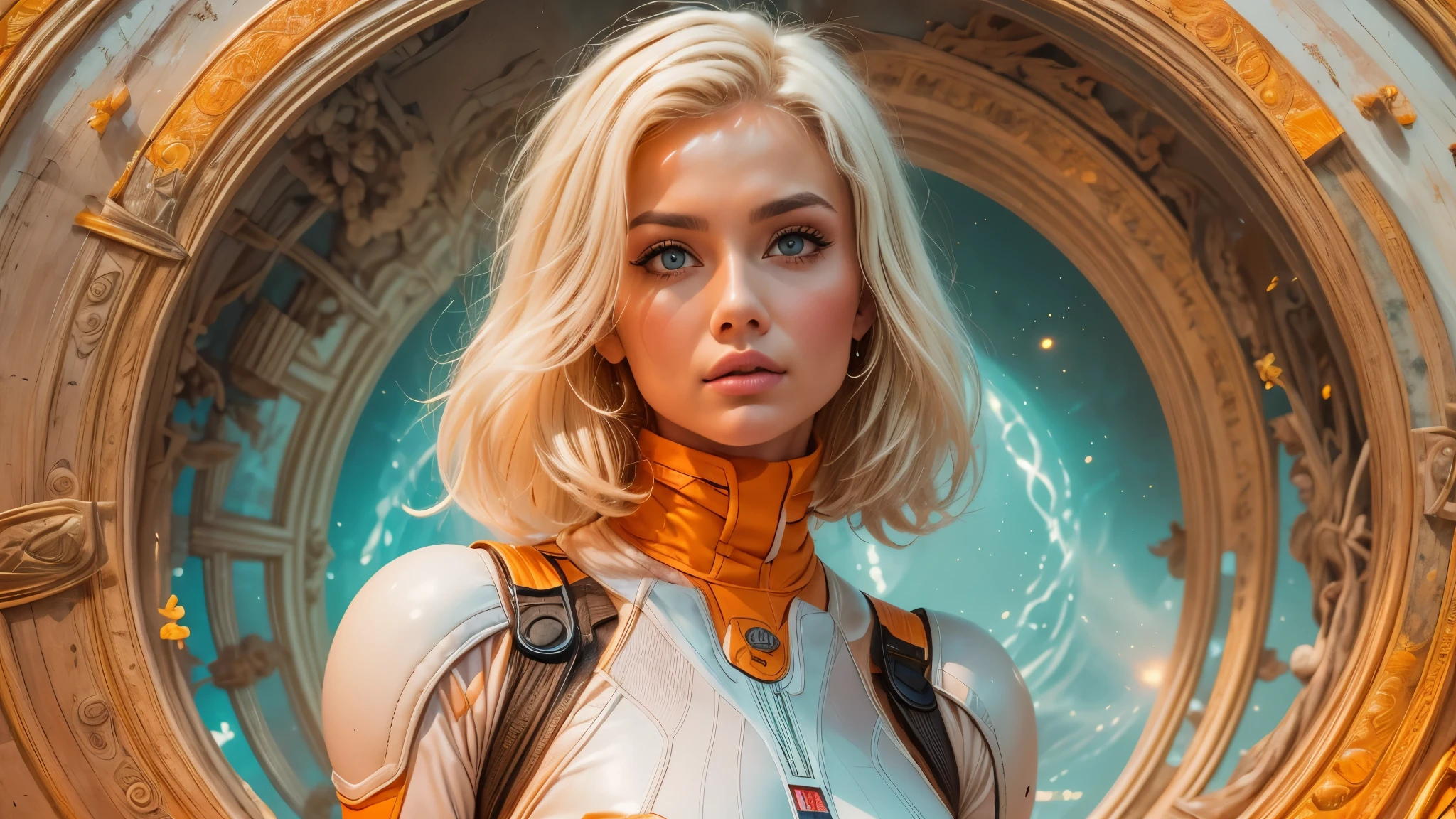 arafed image of a white woman in a futuristic suit with a spaceship in the background, movie art, in front of an orange background, inspired by Robert McGinnis, female protagonist, megastructure in the background, portrait of an ai astronaut, astronauts, an astronaut, portrait of a astronaut skeletor, perfect android girl, detailed eyes, perfectly detailed teeth, frank franzzeta and sakimichan  