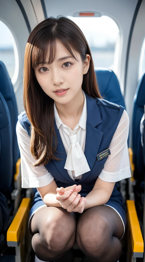 (8K, best quality, masterpiece:1.2), (realistic, photo-realistic:1.37), (high color saturation:1.0), (highly detailed skin), (highest quality:1.0), (ultra high resolution:1.0) ,(realistic:1.0), (Super detailed:1.0), (8K, Raw photo:1.1)、standing random pose, smiling, natural breast, perfect lighting, 3girls, 24years old, (mysterious), clear and detailed, ((ANA_Cabin Crew, blue flight attendant_uniform)), beige pantyhose, (aircraft, aircraft seats), cute face, squat , (pick up handkerchief),