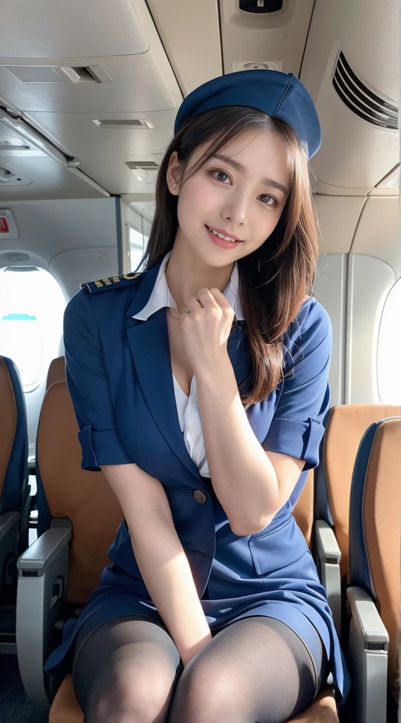 (8K, best quality, masterpiece:1.2), (realistic, photo-realistic:1.37), (high color saturation:1.0), (highly detailed skin), (highest quality:1.0), (ultra high resolution:1.0) ,(realistic:1.0), (Super detailed:1.0), (8K, Raw photo:1.1)、standing random pose, smiling, natural breast, perfect lighting, 3girls, 24years old, (mysterious), clear and detailed, ((ANA_Cabin Crew, blue flight attendant_uniform)), beige pantyhose, (aircraft, aircraft seats), cute face, squat , (pick up handkerchief),
