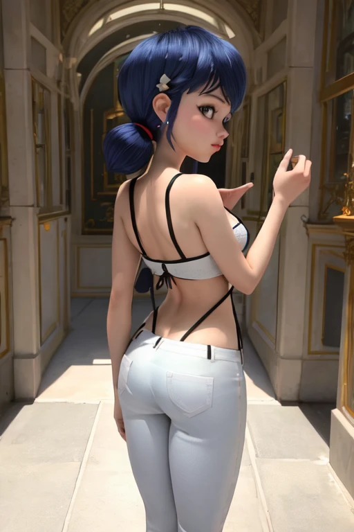 (8k, RAW photo, best quality, masterpiece:1.2), (intricate details), perfect eyes, perfect face, perfect lighting, beautiful, (masterpiece:1.2), (best quality:1.2), 1girl, solo, marinette, blue hair, full body, ass, back view, nude body, pussy, pussy juice, pissing