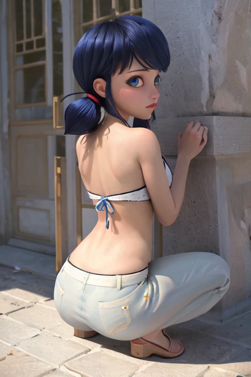 (8k, RAW photo, best quality, masterpiece:1.2), (intricate details), perfect eyes, perfect face, perfect lighting, beautiful, (masterpiece:1.2), (best quality:1.2), 1girl, solo, marinette, blue hair, full body, ass, back view 