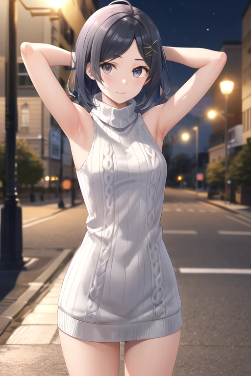 masterpiece, best quality, highres, aakomachi, short hair, ahoge, black eyes, hairclip, x hair ornament, sweater dress, sleeveless, turtleneck, ribbed sweater, night, street, standing, cowboy shot, armpits