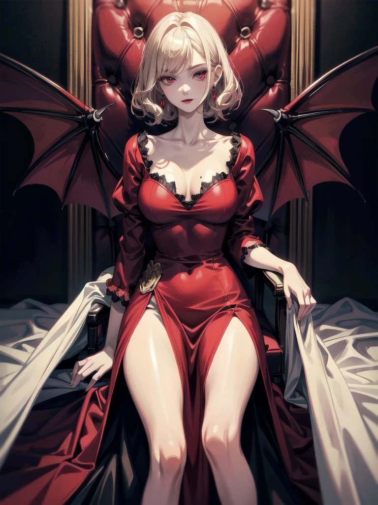 full body shot, (vampire), red dress, absurdres, RAW photo, extremely delicate and beautiful, masterpiece, Best Quality, ultra high resolution, 32k, hyperrealistic, ultra-detailed, detailed description, pale skin, 20 years old, detailed beautiful face and eyes, tearful mole, earring, Colossal tits, short medium hair, wavy hair,　