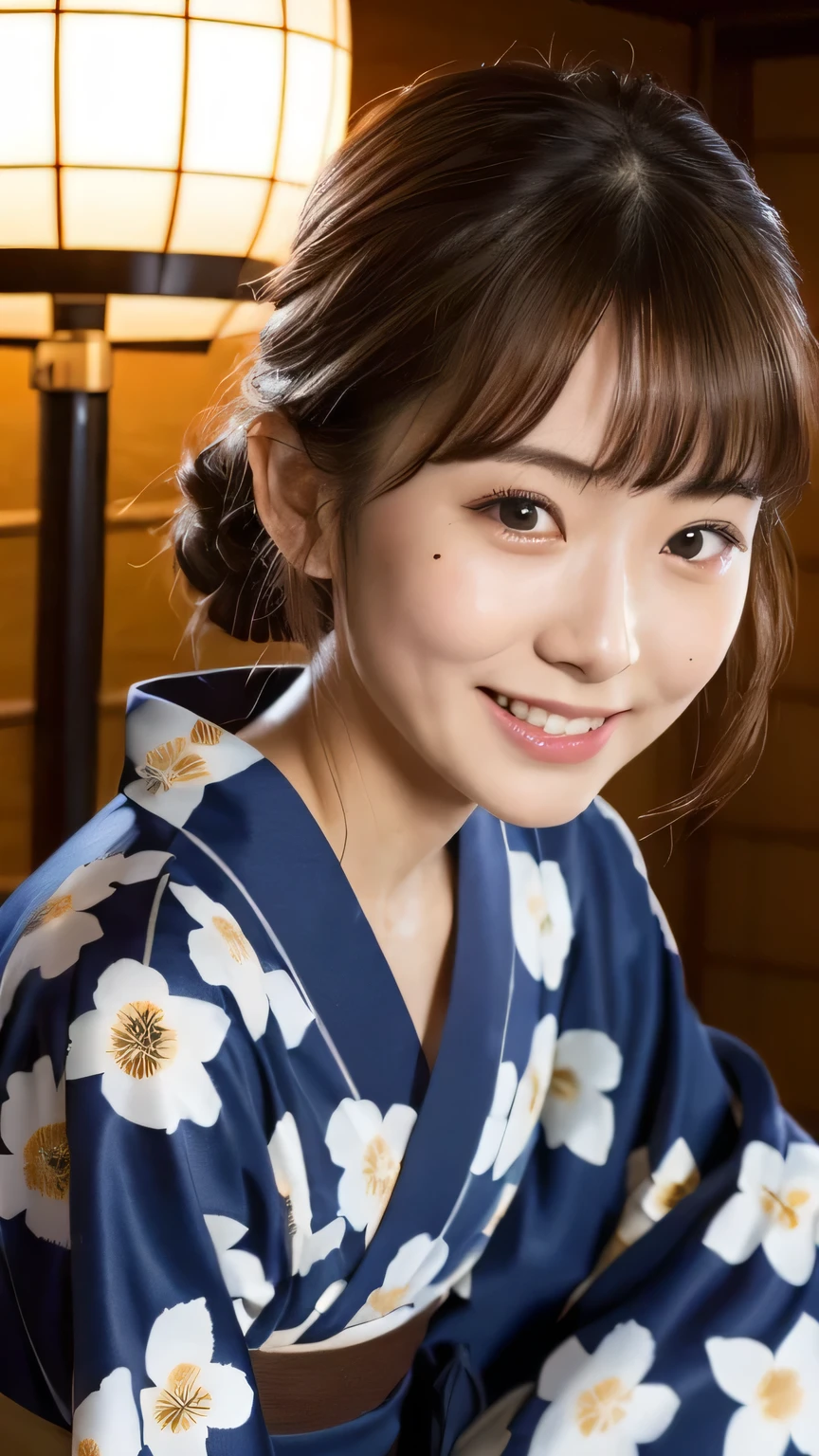 8k, highest quality, masterpiece, Realistic, Photorealistic, Ultra-detailed, Natural light, Highly detailed face and skin, Detailed eyes, Highly detailed face and skinの中間ショット, Beautiful woman staring at me, Beautiful Face, Realistic Face, Detailed face, Beautiful hairstyle, Realistic eyes, Fine grain, Realistic Skin, Detailed skin, Beautiful Skin, Charm, Ultra-realistic, (((Home,Crouching,Yukata at a Ryokan, kind, Brown Hair, Cute Japanese Girl, whole body,Dimples,There is a mole around the mouth,)))
