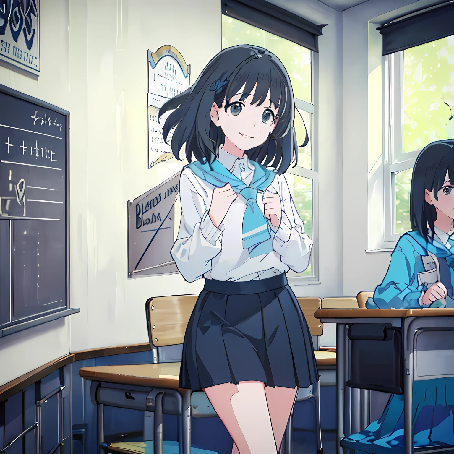 highest quality, (masterpiece:1.2), Very detailed, A neat and cute pretty girl, (((Black medium bob hair))), ((Light blue student sailor uniform)), ((Light blue pleated skirt)), (((The background is a school classroom))), (((Very beautifully detailed, lovely black eyes))), (((Smiling happily))), (((Watching the audience))), ((Photographed from the chest up)), ((Mouth closed))