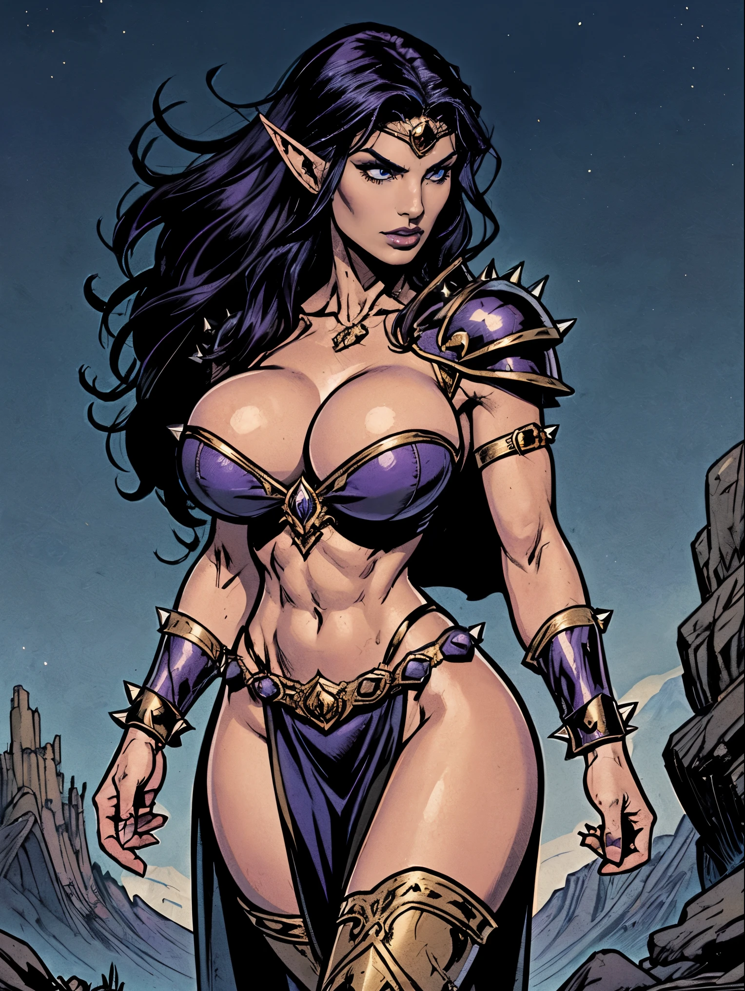 (masterpiece, top quality, best quality, official art, beautiful and aesthetic:1.2), (1girl:1.3), ((Sharp facial features, sharp features, hawkish features)), ((big hair, long elf ears, long black hair)), (((pale purple skin, pale blue skin, blue skin, purple skin))), big tiddy dark elf girl, extremely detailed, portrait, looking at viewer, solo, (full body:0.6), detailed background, full-body shot, (cold night mountain theme:1.1), dark elf war dancer, (spiky winged helmet), charlatan, smirk, mysterious, swaying in mountains, skimpy attire, revealing gladiatrix costume, ebony metal, gold filigree, gold bikini, circlet, metal bikini, long boots, dual knives, blood red fabric, pelvic curtain, loincloth, black leather, ((((gigantic breasts, cleavage, skindentation, long legs, pelvic curtain)))), cute belly button, toned tummy, slim waist, slim hips, long legs, medieval (mountain exterior:1.1) background, dark mysterious lighting, shadows, magical atmosphere, dutch angle