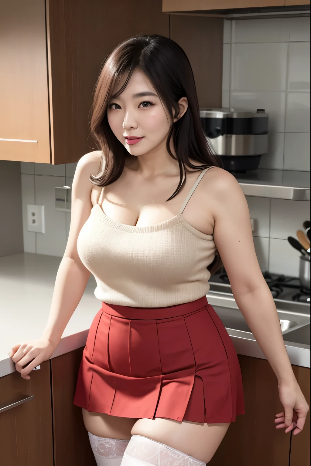 Beautifull, mother-in-law, japanese, spaghetti square strap knit, sexual expression, in the kitchen, voluptuous, high waist short tube skirt, thighhighs