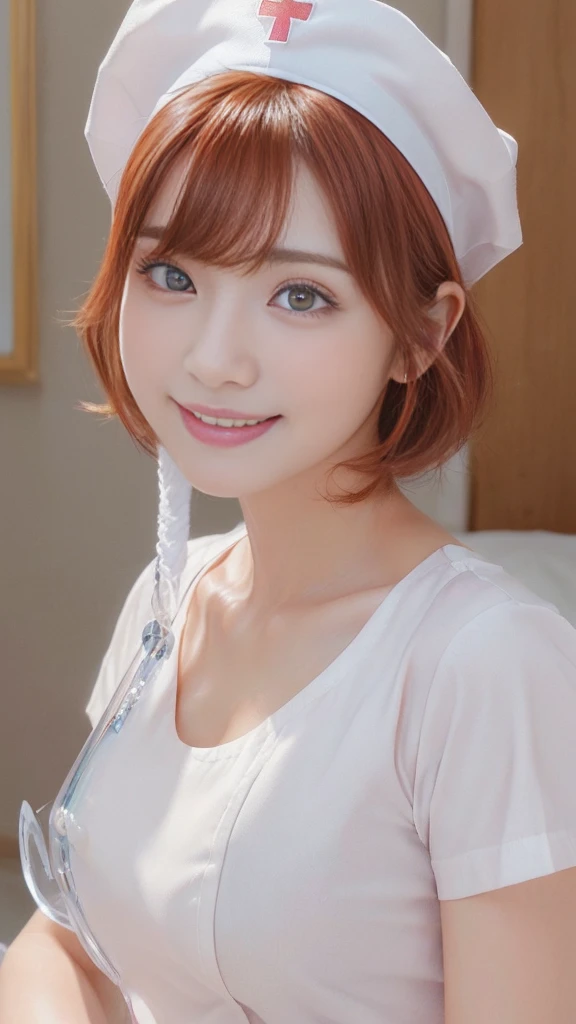 (highest quality,4K,8k,High resolution,masterpiece:1.5),Very detailed,(Realistic,photoRealistic,photo-Realistic:1.37) Portraiture,(A Japanese Girl With Incredibly slim body:2.0),(Her face looks Very Ultra baby-like:2.0),
(Images of her alone:2.0),(Cute Breasts:1.8),(Close-up of her eyes:2.0),(Impressive Features,Super cute and a big idol-like smile:1.75),(Ultra beautiful even left and right eyes with a clear expression:2.0),Beautifully shaped eyebrows,Captivating gaze, pale pink lips,Naturally Rosy Cheeks,Vivid charm,Perfect white skin,Subtle shading,Realistic rendering,(She is wearing a (White:1.0) nurse’s uniform:1.5),(Nurse's Cap:1.5),(Super Short Red Hair:1.5),The golden sunlight gently illuminates the landscape.,Elegant and graceful posture,Create a quiet and serene atmosphere,She is in the operating room