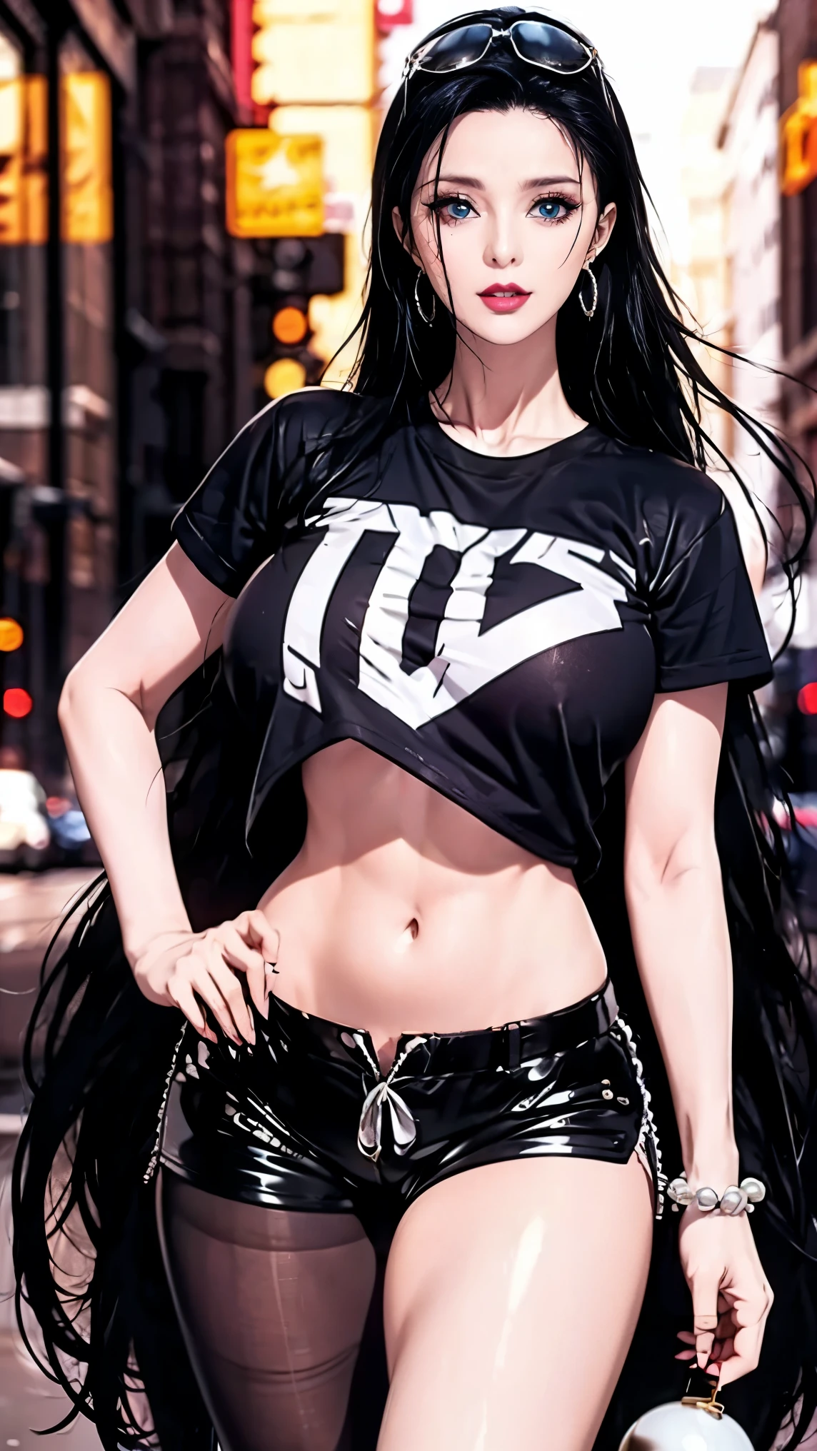 Reality, high resolution, Soft Light, 1 female, Solitary, Hips up, Dynamic poses, Shiny skin, jewelry, Tattoo, thigh,Black Hair,Long hair,earring,Pearls and Jewelry, Edobu Nico Robin, Streetwear, Glasses on head, t-shirt, shorts