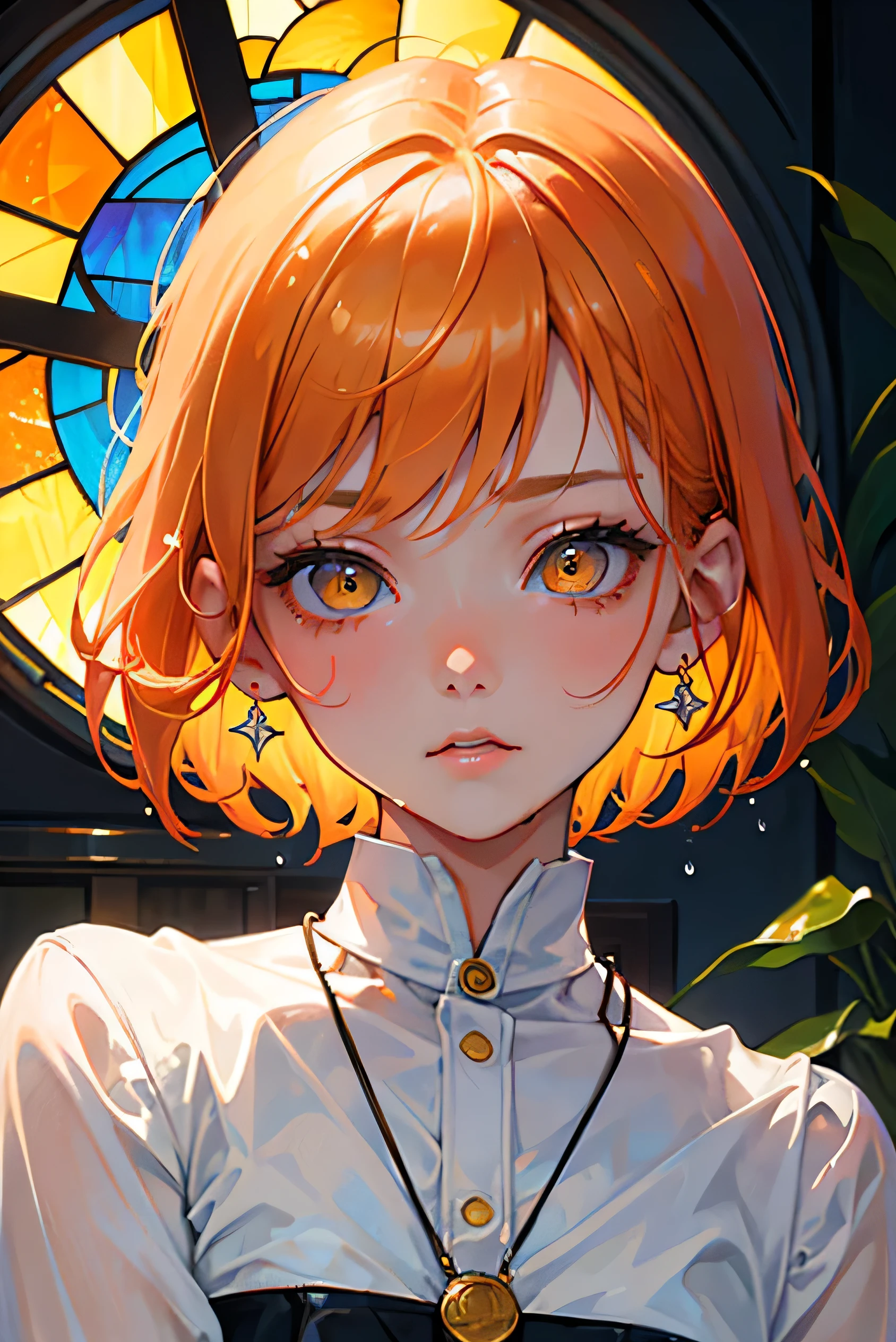 masterpiece, highest quality, so beautiful、up to date、Cool girl, Orange Hair, short hair, Yellow Eyes、Shining Eyes、adult woman inレトロなブラウス、 Retro Stained Glass、Face close-up、Decoration、Sad face、Wet day、cool、night