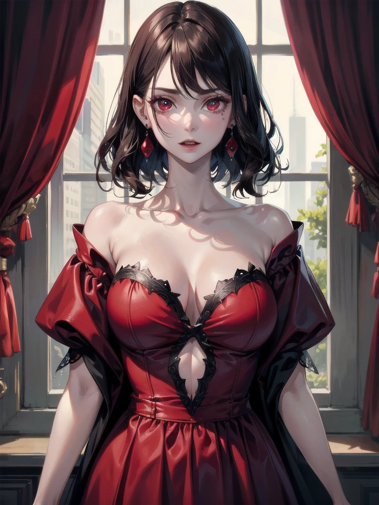 whole body, (vampire), red dress, absurdres, RAW photo, extremely delicate and beautiful, masterpiece, Best Quality, ultra high resolution, 32k, hyperrealistic, ultra-detailed, detailed description, pale skin, 20 years old, detailed beautiful face and eyes, tearful mole, earring, Colossal tits, short medium hair, wavy hair,