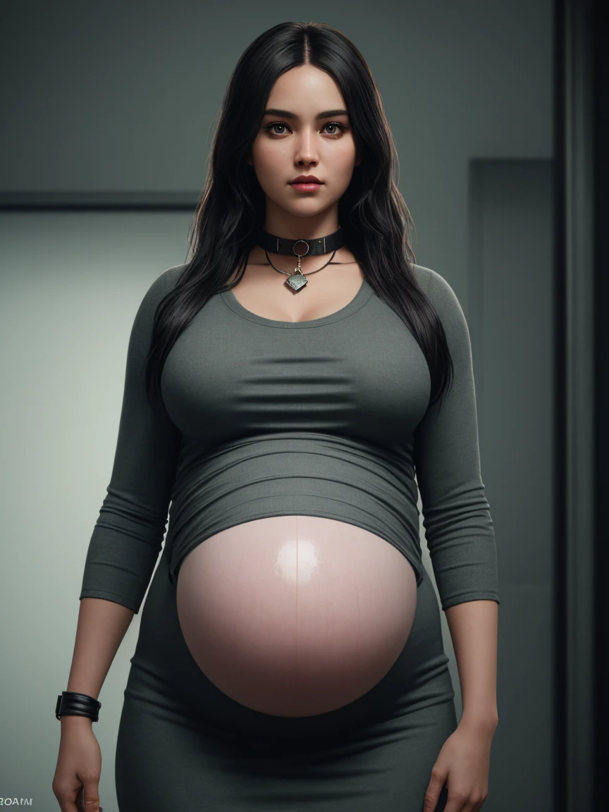 ultra-detailed; proportionally centered; centered full body portrait; beautiful and extremely pregnant 30-year-old pregnant green skinned orc mother with an enormously big, round and projecting pregnant belly, wearing extremely ragged grey clothes and dog collar on her neck; Scandinavian featured; anatomically perfect beautiful face; anatomically perfect eyes; anatomically perfect hand; anatomically perfect five finger; anatomically perfect limb; anatomically proportional beautiful face; anatomically proportional beautiful eyes; anatomically proportional beautiful nose; anatomically proportional beautiful mouth; anatomically symmetrical face; anatomically symmetrical body; anatomically symmetrical hand; anatomically accurate model; gender accurate model; hyper-realistic model; Prison accurate background; single main object; single focus; sharp focus; Sony A7R-V image grade; photo studio grade image; octane render;