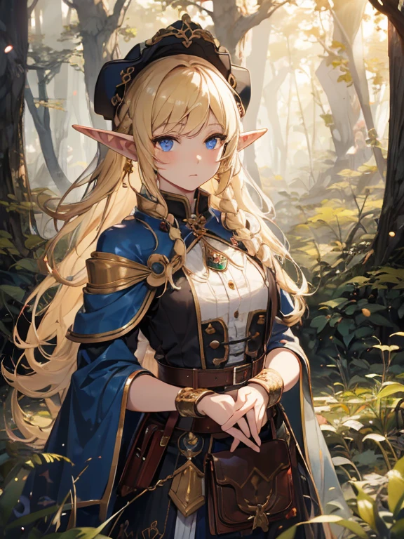 masterpiece, highest quality, Very detailed, 16k, Ultra-high resolution、Cowboy Shot, 1 Elf girl, Detailed face、Perfect Fingers, Elf Ears, Small breasts, blue eyes, Blonde, Braid, Sleeveless, Light clothing, in the forest, During a walk