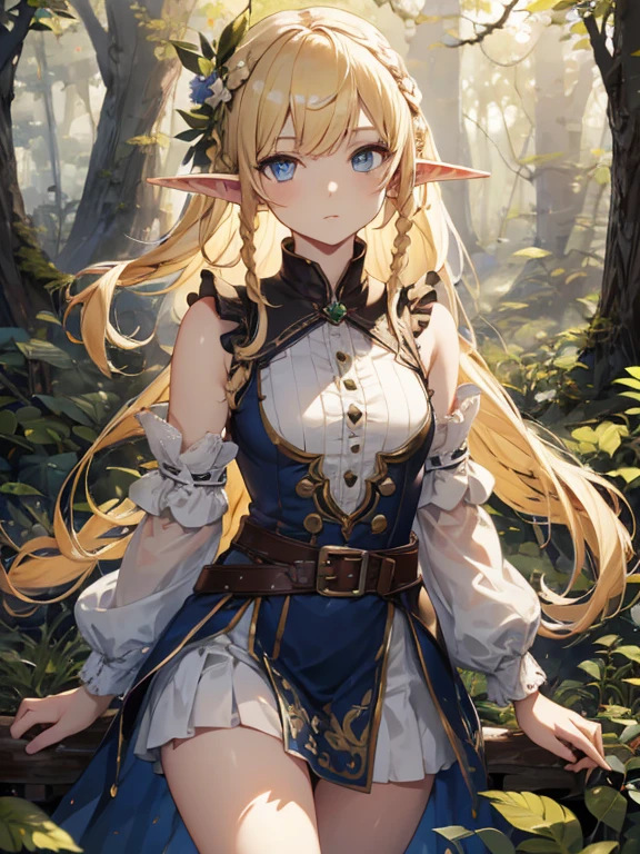 masterpiece, highest quality, Very detailed, 16k, Ultra-high resolution、Cowboy Shot, 1 Elf girl, Detailed face、Perfect Fingers, Elf Ears, Small breasts, blue eyes, Blonde, Braid, Sleeveless, Light clothing, in the forest, During a walk