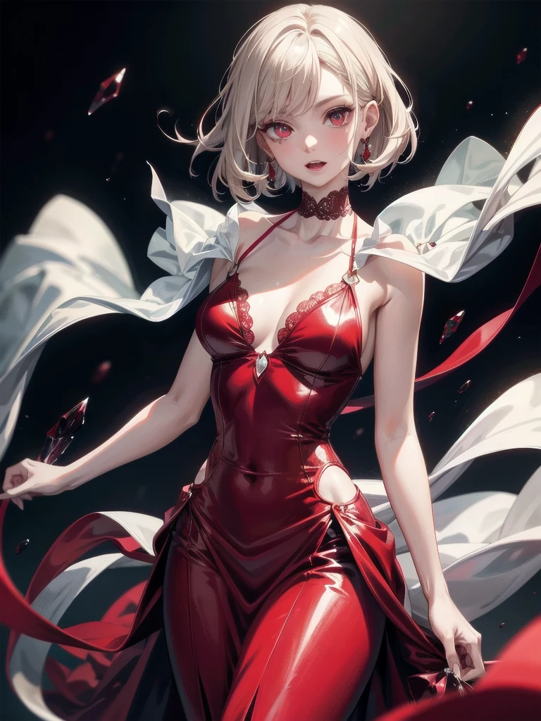 whole body, (vampire), red dress, double teeth, absurdres, RAW photo, extremely delicate and beautiful, masterpiece, Best Quality, ultra high resolution, 32k, hyperrealistic, ultra-detailed, detailed description, pale skin, 20 years old, detailed beautiful face and eyes, tearful mole, earring, Colossal tits, short medium hair, wavy hair,　