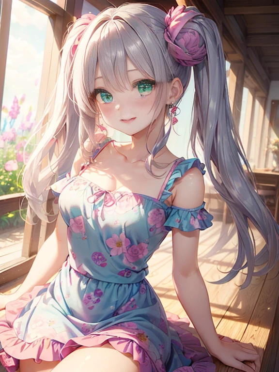 小さなgirl、The arrival of spring、Big Ass、 (alone:1.5,)Very detailed,Bright colors, Very beautiful detailed anime faces and eyes, Look straight ahead, ;d, Shiny_skin,girl, ((Silver long hair,The inner color is red 、Forehead is exposed.、Green Eyes、、Shiny hair, Delicate beautiful face, blush、(Turquoise Eyes), White skin, Valletta, Earrings,、blue flower field、(((Pink ruffled dress with floral print、Purple Mini Skirt)))、Twin tails、smile、smile、Face dyed red