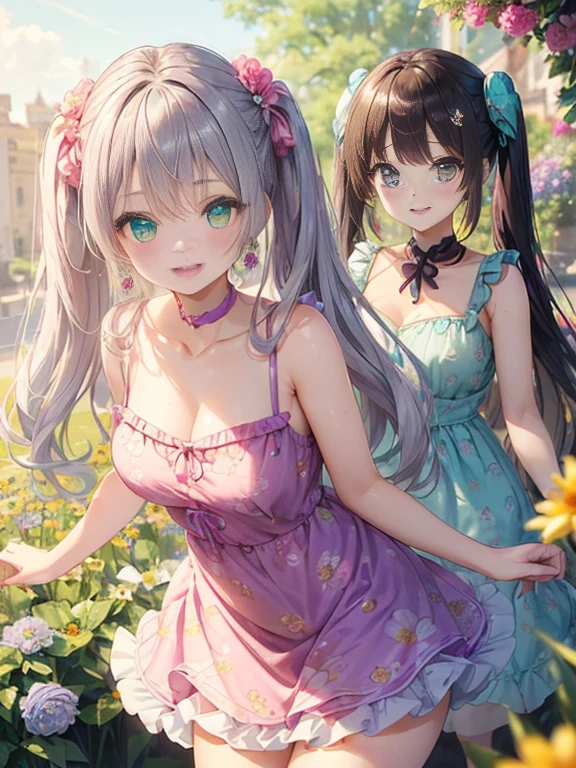 小さなgirl、The arrival of spring、Big Ass、 (alone:1.5,)Very detailed,Bright colors, Very beautiful detailed anime faces and eyes, Look straight ahead, ;d, Shiny_skin,girl, ((Silver long hair,The inner color is red 、Forehead is exposed.、Green Eyes、、Shiny hair, Delicate beautiful face, blush、(Turquoise Eyes), White skin, Valletta, Earrings,、blue flower field、(((Pink ruffled dress with floral print、Purple Mini Skirt)))、Twin tails、smile、smile、Face dyed red