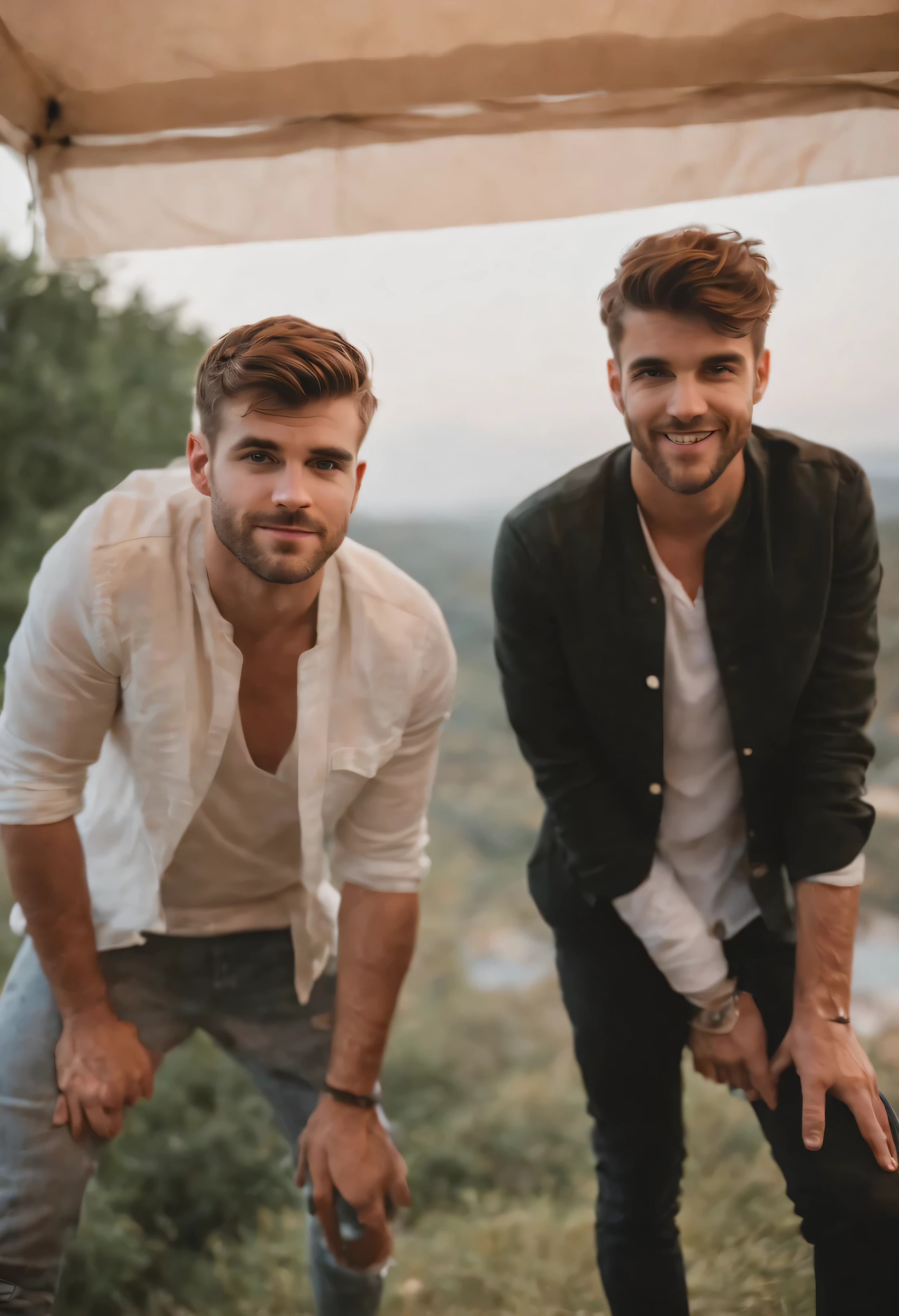 "An iconic moment from DJs The Chainsmokers captured from a unique perspective: the camera positioned on the ground photographs them from below, enquanto eles olham diretamente para a lente com um sorriso cativante. No fundo, a green sky exudes an aura of mystery and energy, complementando a atmosfera vibrante da cena."
