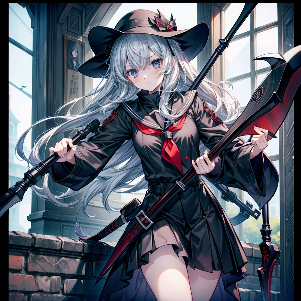 highest quality、Masterpiece、Official Art、The best composition、A high school girl vampire hunter wearing a black sailor uniform、Has the Grim Reaper's Scythe、Wind、deep focus,absurdres、detailed eyes and face、Blood splatter、Blood is dripping from the scythe、minaba hideo、
Grim Reaper's Scythe、