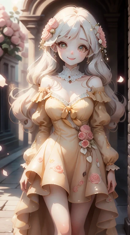 In front of the palace、Yellow dress、Large, clear eyes、high resolution、Ultra delicate、Looking this way and smiling、Beautiful face、Super Beauty、Slender body、Surrounded by roses、Luxury dress、High-grade fabrics、Surrounded by roses、In the sunshine