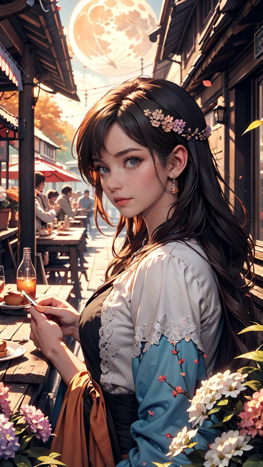 masterpiece, 最high quality, high quality, Very detailed CG 8k wallpaper unit, scenery, Outdoor, set up, Medieval Tavern, autumnの空, autumnの夕暮れ, autumn、winter, Cloudy, The big moon shines, Award-winning photography, Depth of written boundary, High resolution, Flowers, squirt, Hydrangea, Realistic, Very detailed, Complex, Attention to detail, dramatic, Art on the go,  Art Station Trends, CGsociety Trends, chromatic aberration.