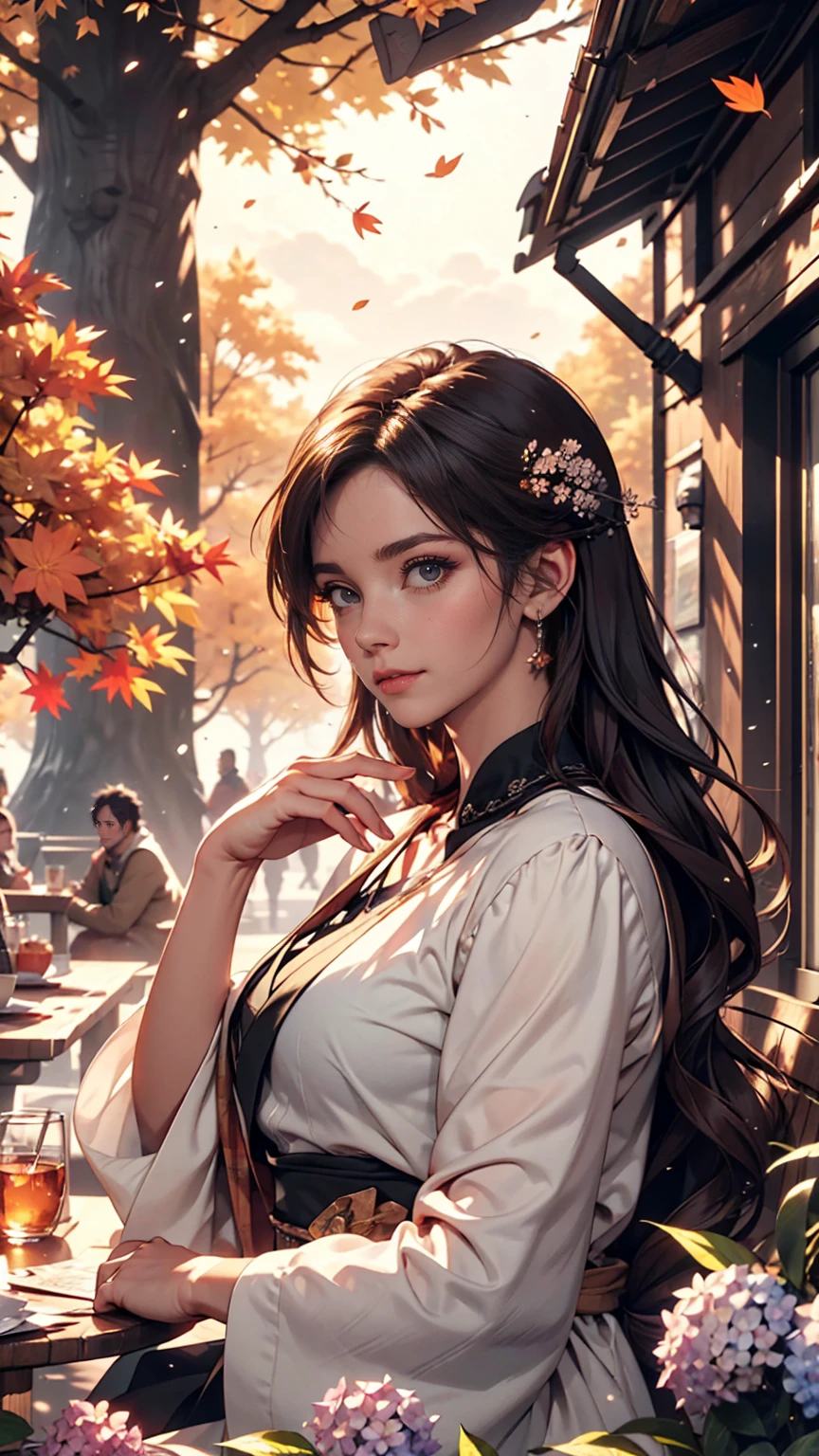 masterpiece, 最high quality, high quality, Very detailed CG 8k wallpaper unit, scenery, Outdoor, set up, Medieval Tavern, autumnの空, autumnの夕暮れ, autumn、winter, Cloudy, The big moon shines, Award-winning photography, Depth of written boundary, High resolution, Flowers, squirt, Hydrangea, Realistic, Very detailed, Complex, Attention to detail, dramatic, Art on the go, Art Station Trends, CGsociety Trends, chromatic aberration.