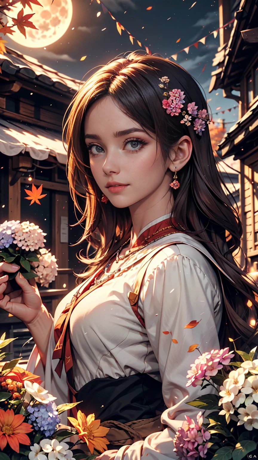 masterpiece, 最high quality, high quality, Very detailed CG 8k wallpaper unit, scenery, Outdoor, set up, Medieval Tavern, autumnの空, autumnの夕暮れ, autumn、winter, Cloudy, The big moon shines, Award-winning photography, Depth of written boundary, High resolution, Flowers, squirt, Hydrangea, Realistic, Very detailed, Complex, Attention to detail, dramatic, Art on the go,  Art Station Trends, CGsociety Trends, chromatic aberration.