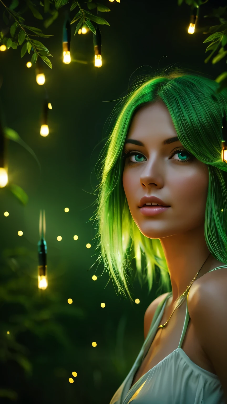 Generate a realistic digital image of a beautiful woman with green hair and emerald green eyes. The woman is looking up, surrounded by sparkling fireflies in a natural environment with trees, flowers, and more fireflies. The scene is softly lit, creating an ethereal atmosphere. The woman is in a medium shot, showing her torso and upper body. Add a glow or shimmer effect to enhance the luminosity of the fireflies and create a magical ambiance. Use a high-resolution digital SLR camera and a quality prime lens to achieve maximum realism in the image