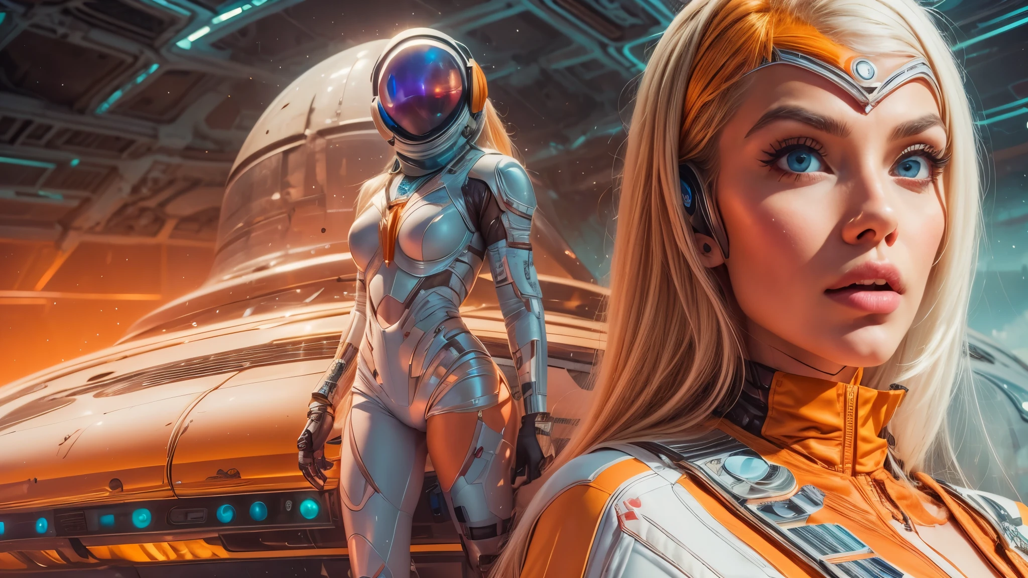 arafed image of a white woman in a futuristic suit with a spaceship in the background, movie art, in front of an orange background, inspired by Robert McGinnis, female protagonist, megastructure in the background, portrait of an ai astronaut, astronauts, an astronaut, portrait of a astronaut skeletor, perfect android girl, detailed eyes, perfectly detailed teeth, frank franzzeta and sakimichan