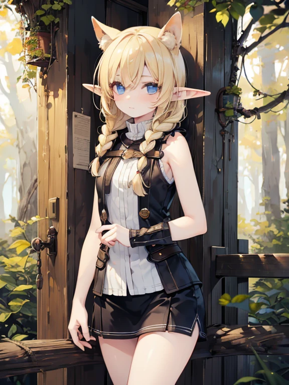 masterpiece, highest quality, Very detailed, 16k, Ultra-high resolution、Cowboy Shot, 1 Elf girl, Detailed face、Perfect Fingers, Elf Ears, Small breasts, blue eyes, Hanging eyes, Blonde, Braid, Sleeveless, Light clothing, in the forest, During a walk