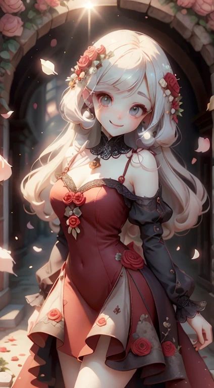 In front of the palace、Red dress、Large, clear eyes、high resolution、Ultra delicate、Looking this way and smiling、Beautiful face、Super Beauty、Slender body、Surrounded by roses、Luxury dress、High-grade fabrics、Surrounded by roses、In the sunshine