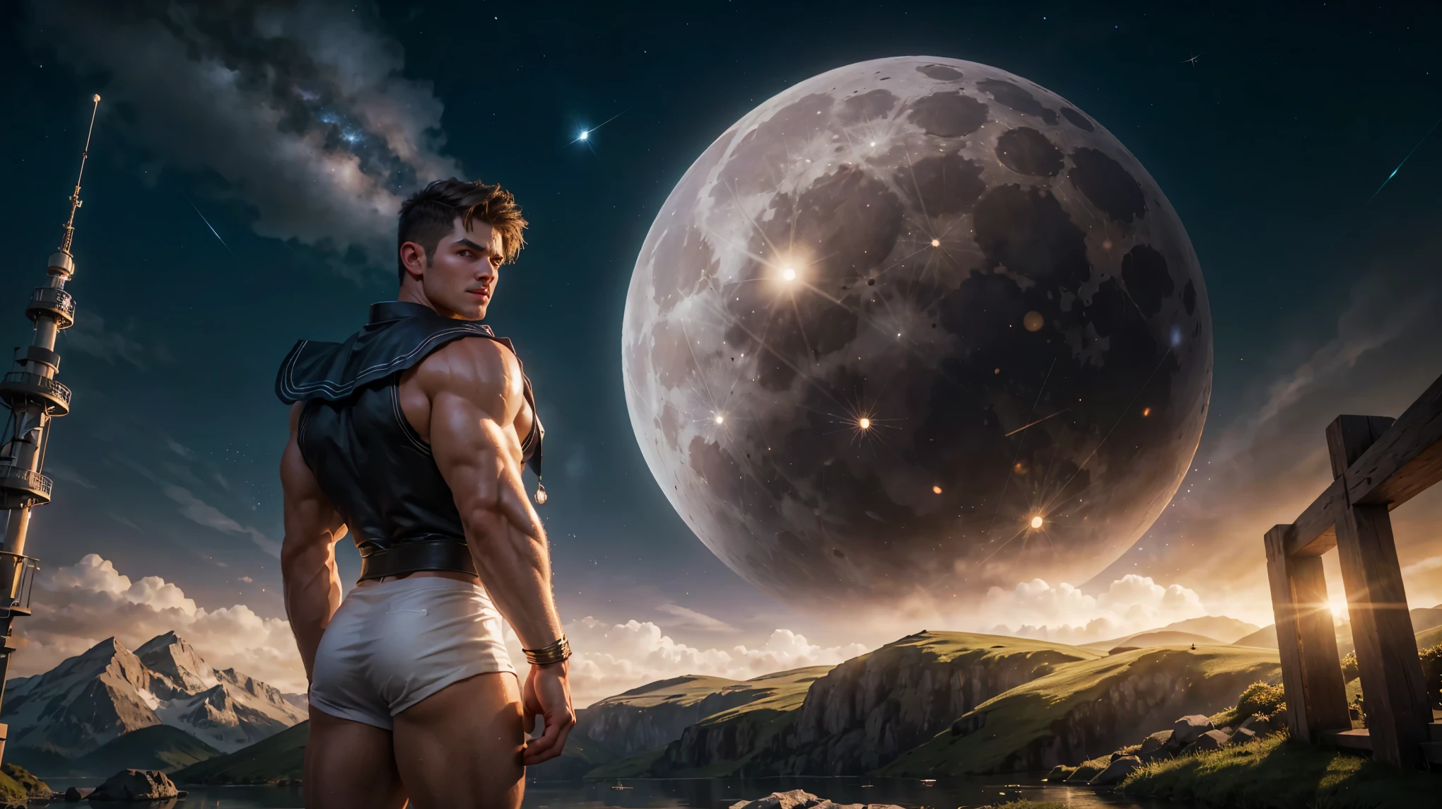 A giant, muscular man dressed in a Sailor Moon costume stands before a giant moon in the background. The night sky is filled with stars and illuminated by the soft glow of light particles. The outdoor setting adds a sense of vastness to the scene. The image quality is of the highest standard, with a resolution of 4k or 8k. The details are ultra-detailed and realistic, with a touch of photorealism. The artwork is created using various mediums, such as illustrations, oil paintings, 3D rendering, or photography. The color palette leans towards vivid and vibrant tones, enhancing the overall visual impact. The lighting in the scene is carefully crafted, with studio lighting techniques applied to highlight the form and add depth. This prompt is sure to result in a masterpiece.