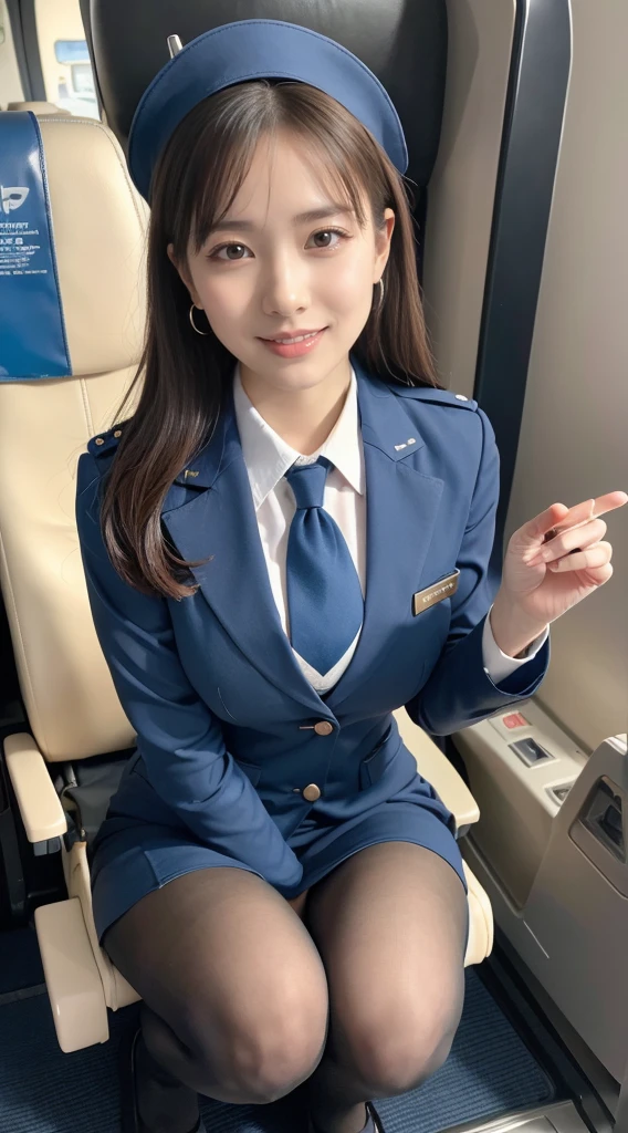  (8K, best quality, masterpiece:1.2), (realistic, photo-realistic:1.37), (high color saturation:1.0),  (highly detailed skin), (highest quality:1.0), (ultra high resolution:1.0) ,(realistic:1.0), (Super detailed:1.0), (8K, Raw photo:1.1)、standing random pose, smiling, natural breast, perfect lighting, 3girls, 24years old, (mysterious), clear and detailed, ((ANA_Cabin Crew, blue flight attendant_uniform)), beige pantyhose, (aircraft, aircraft seats), cute face, squat , (pick up handkerchief), 