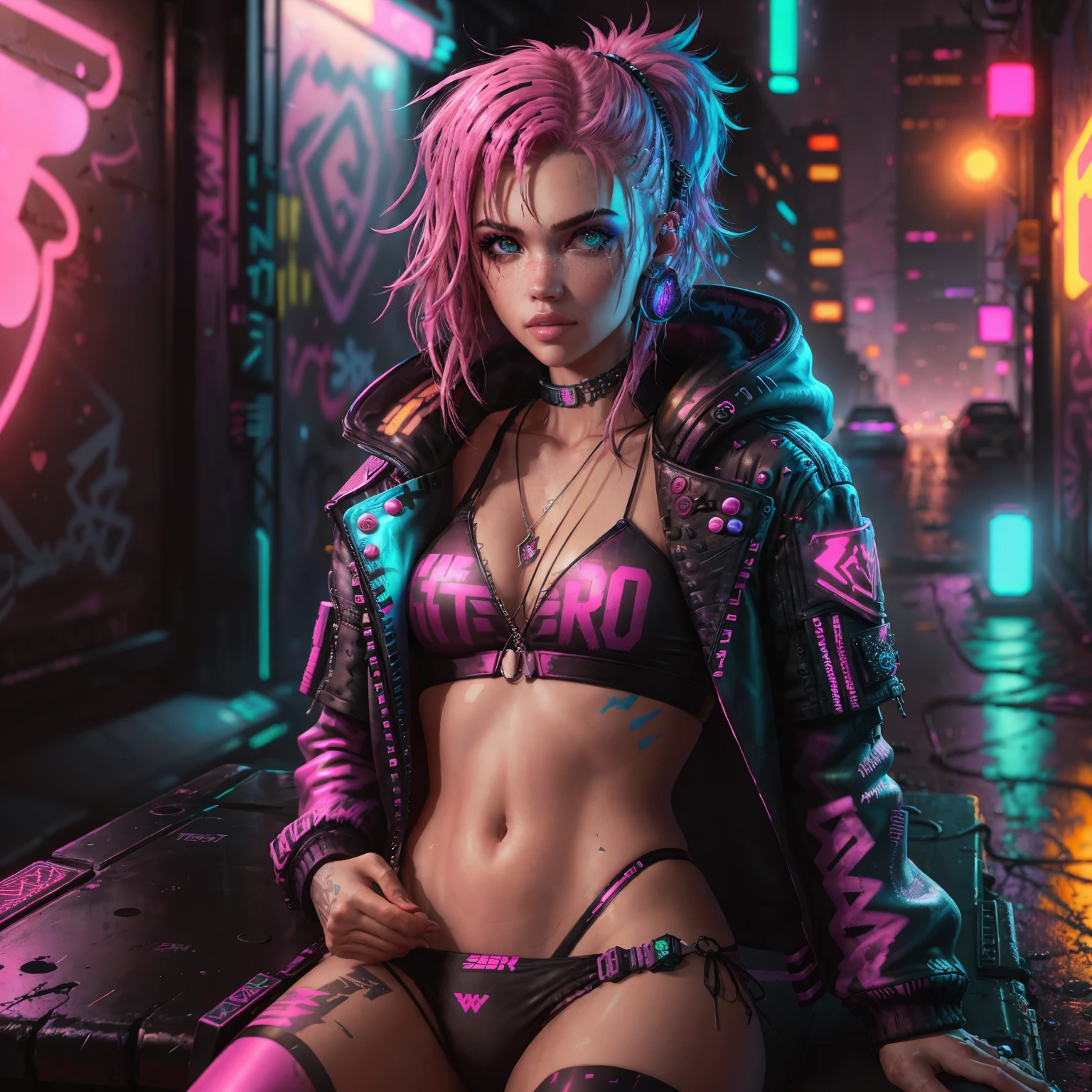 Picture a woman in a pink bikini and black jacket, sitting casually against the graffiti-covered wall of a neon-lit cyberpunk alley. The pink bikini contrasts sharply with the dark, edgy aesthetic of her surroundings, adding a touch of vibrancy and intrigue to the scene. Her black jacket is adorned with shining metallic accents and frayed edges, reflecting the gritty, worn-out texture of the cyberpunk world.
Hyper-realistic cyberpunk art style fills every corner of the image, with intricate details that bring the environment to life. The cyberpunk 2.0 y.o. model girl beside her gaz