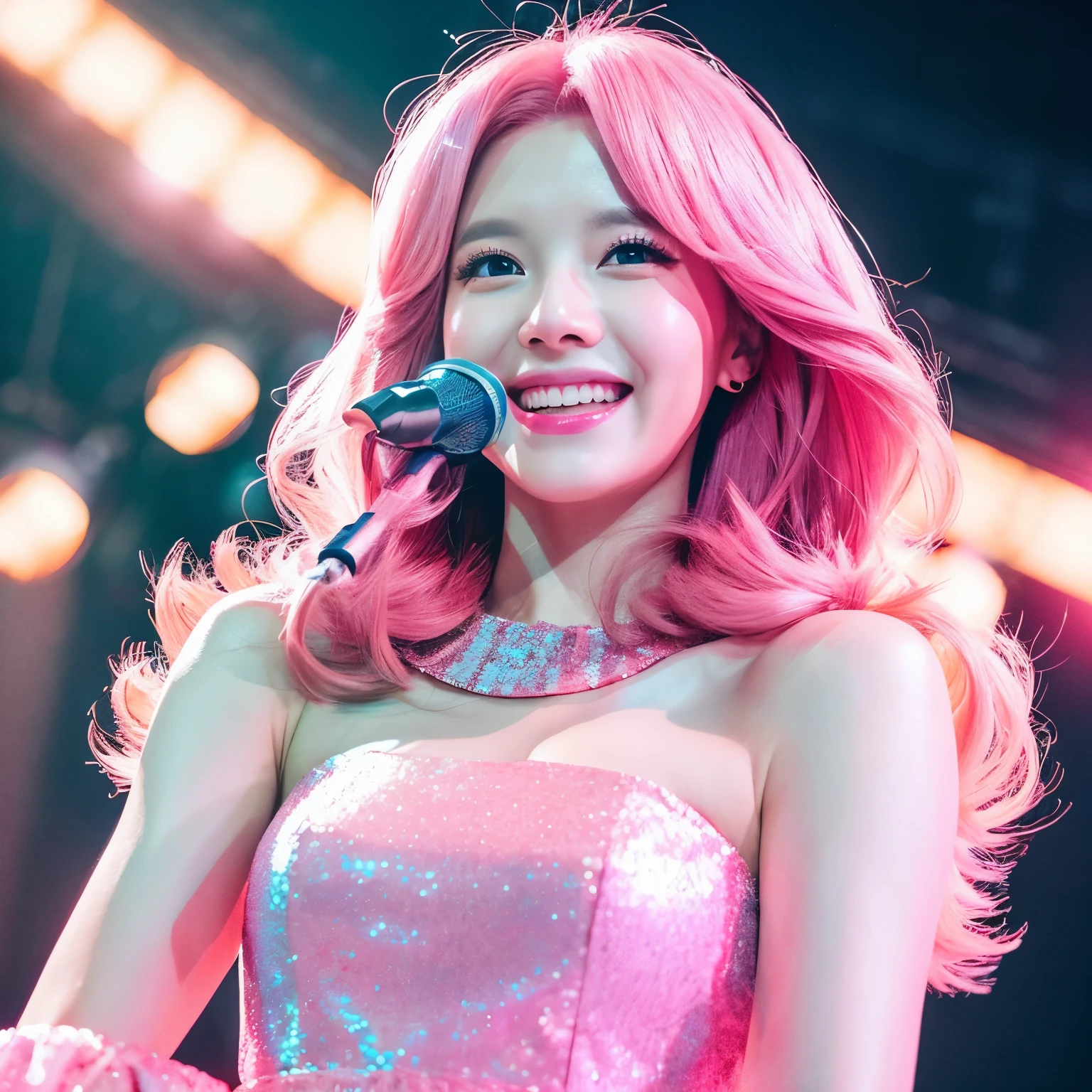 (best quality,realistic),portrait,shoulder-length pink hair,sparkling wide eyes,cheerful expression,fashionable pink dress,standing on a stage,comic book style,vibrant colors,soft lighting