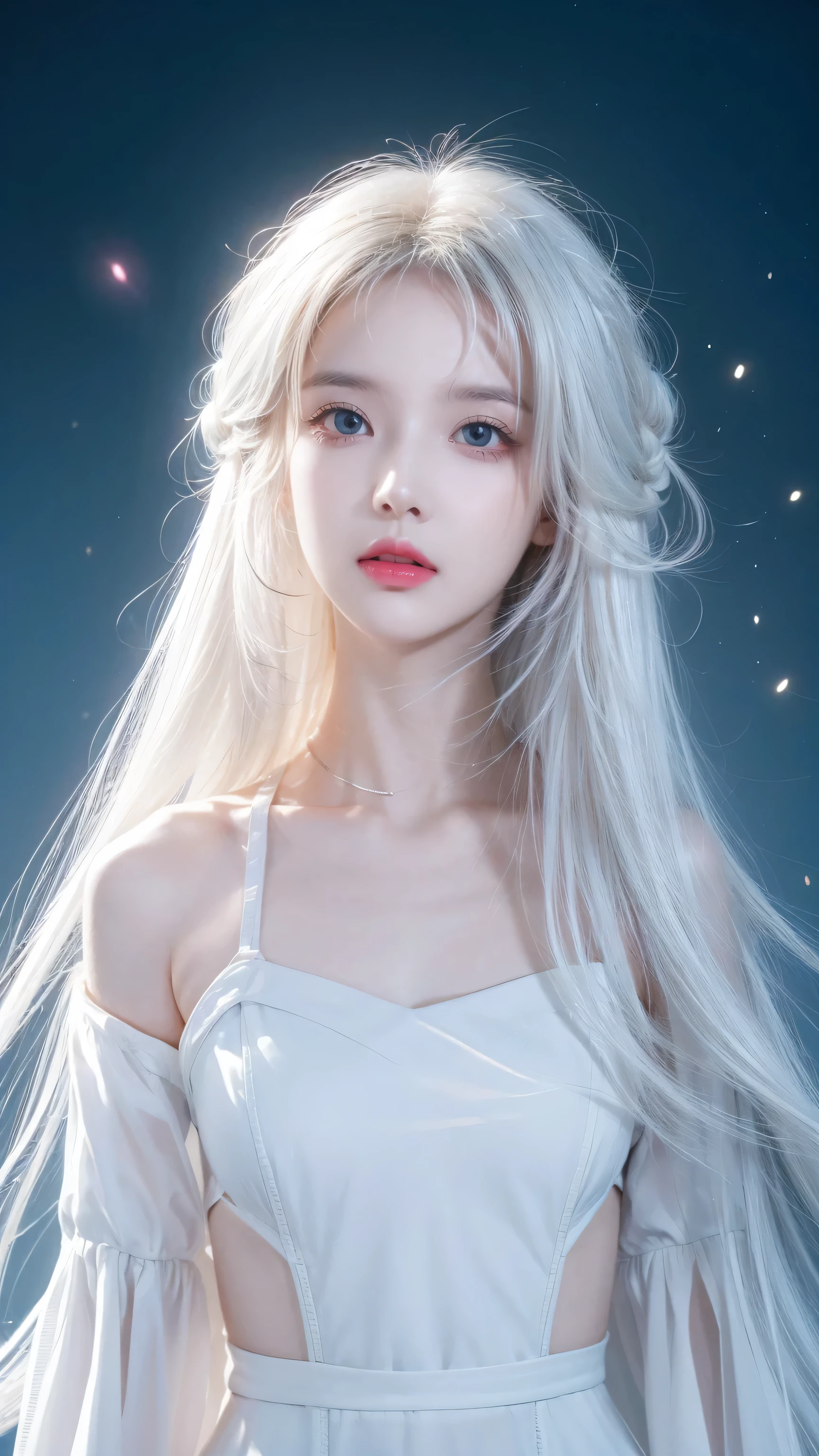 masterpiece, Best quality, High_quality, High_solve, masterpiece*Wear, Whitespace, rich and colorful, 1 Girl, Solitary, White_hair, prism hair, [Pink|green] Eye, gradient Eye, multicolored Eye, luminescent Eye, luminescent, flash, luminescent White particles, Wind lift, full_Body, Serious,