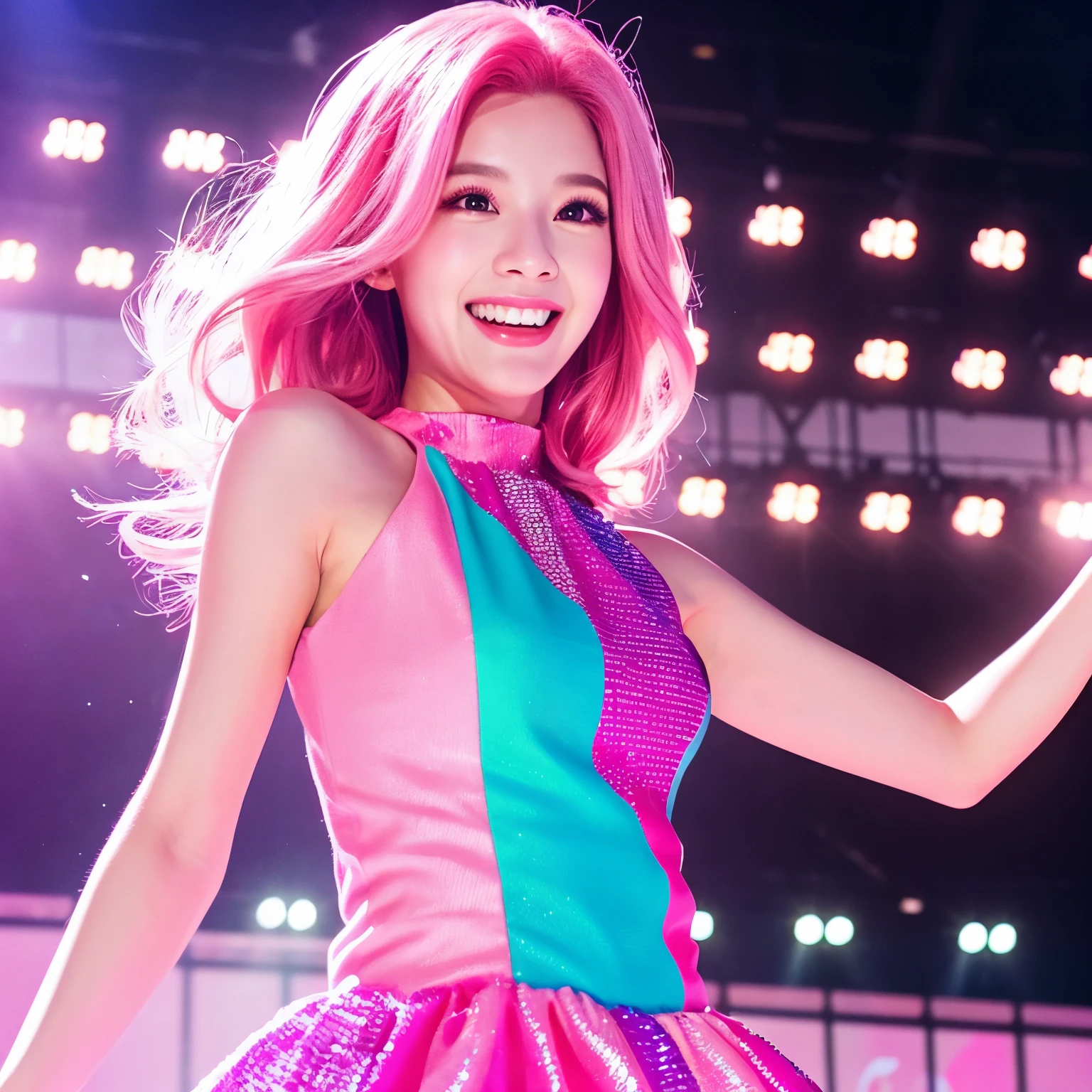 (best quality,realistic),portrait,shoulder-length pink hair,sparkling wide eyes,cheerful expression,fashionable pink dress,standing on a stage,comic book style,vibrant colors,soft lighting