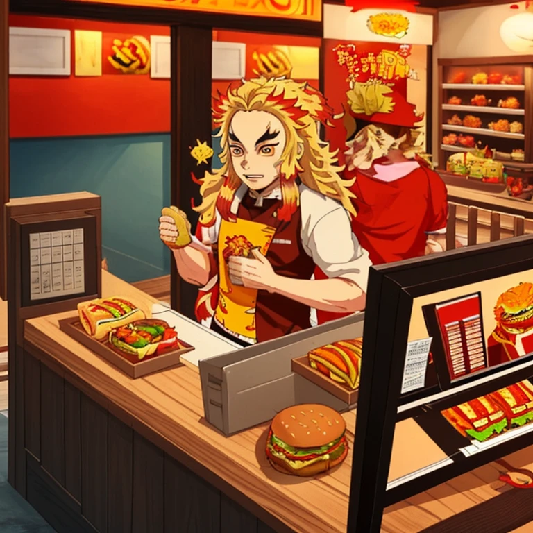 Rengoku sneaks into a hamburger shop to work part-time