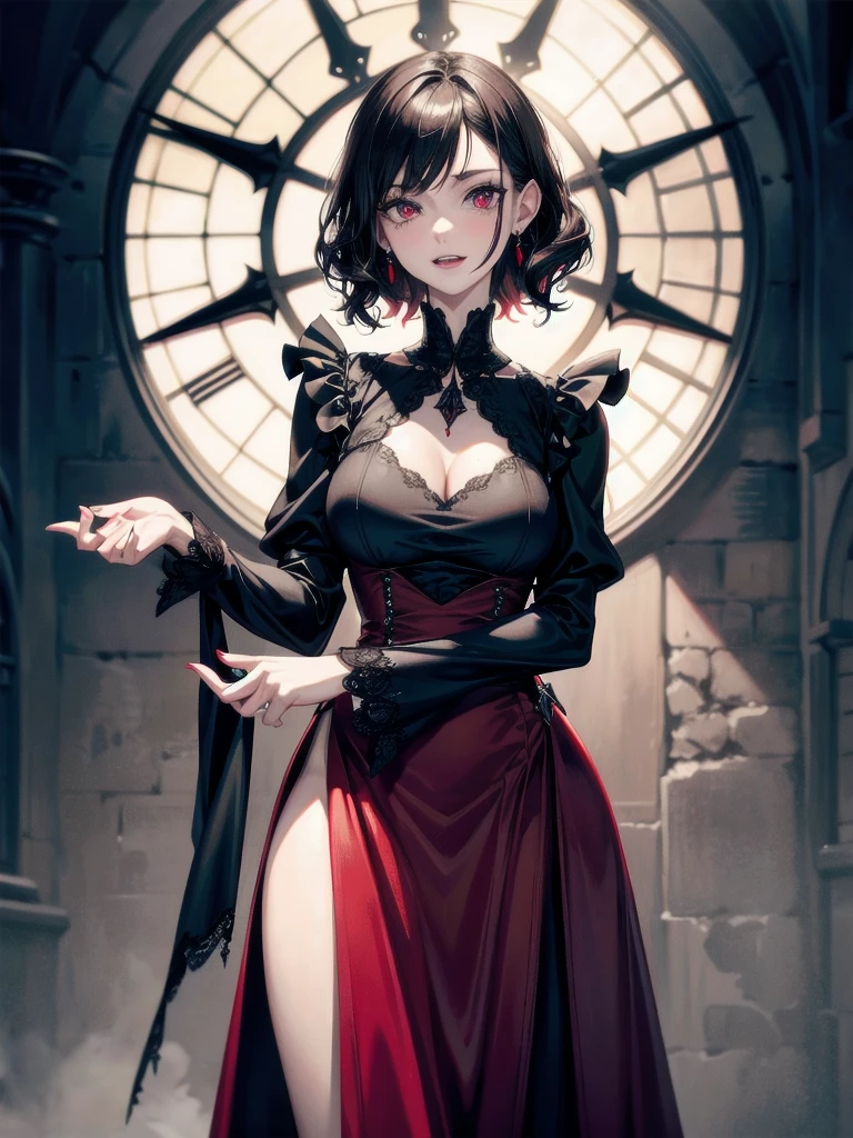 whole body, Gothic red dress, vampire, (in castle), creepy smile, absurdres, RAW photo, extremely delicate and beautiful, masterpiece, Best Quality, ultra high resolution, 32k, hyperrealistic, ultra-detailed, detailed description, pale skin, 20 years old, detailed beautiful face and eyes, tearful mole, earring, Colossal tits, short medium hair, wavy hair,