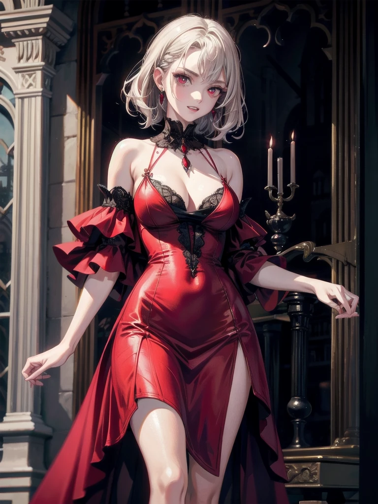 whole body, Gothic red dress, (vampire teeth), (castle), absurdres, RAW photo, extremely delicate and beautiful, masterpiece, Best Quality, ultra high resolution, 32k, hyperrealistic, ultra-detailed, detailed description, pale skin, 20 years old, detailed beautiful face and eyes, tearful mole, earring, Colossal tits, short medium hair, wavy hair,