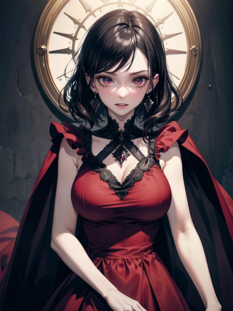 whole body, (vampire), red dress, double teeth, absurdres, RAW photo, extremely delicate and beautiful, masterpiece, Best Quality, ultra high resolution, 32k, hyperrealistic, ultra-detailed, detailed description, pale skin, 20 years old, detailed beautiful face and eyes, tearful mole, earring, Colossal tits, short medium hair, wavy hair,